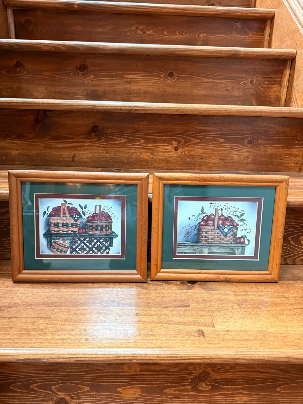 Vintage Country Apple Basket Framed Prints – Set of 2 – Farmhouse Cottage Decor